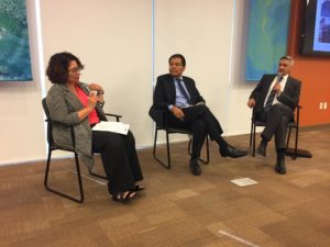  Beatriz Solis, Dr. Fernando J. Guerra, and Vince Bertoni discussing opportunities for moving forward