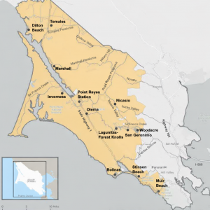 Map of West Marin showing Point Reyes National Seashore and surrounding communities